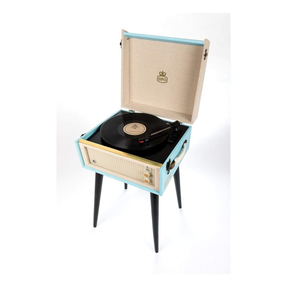Světle modrý gramofon s rádiem na nohách GPO Bermuda Blue v:1203916