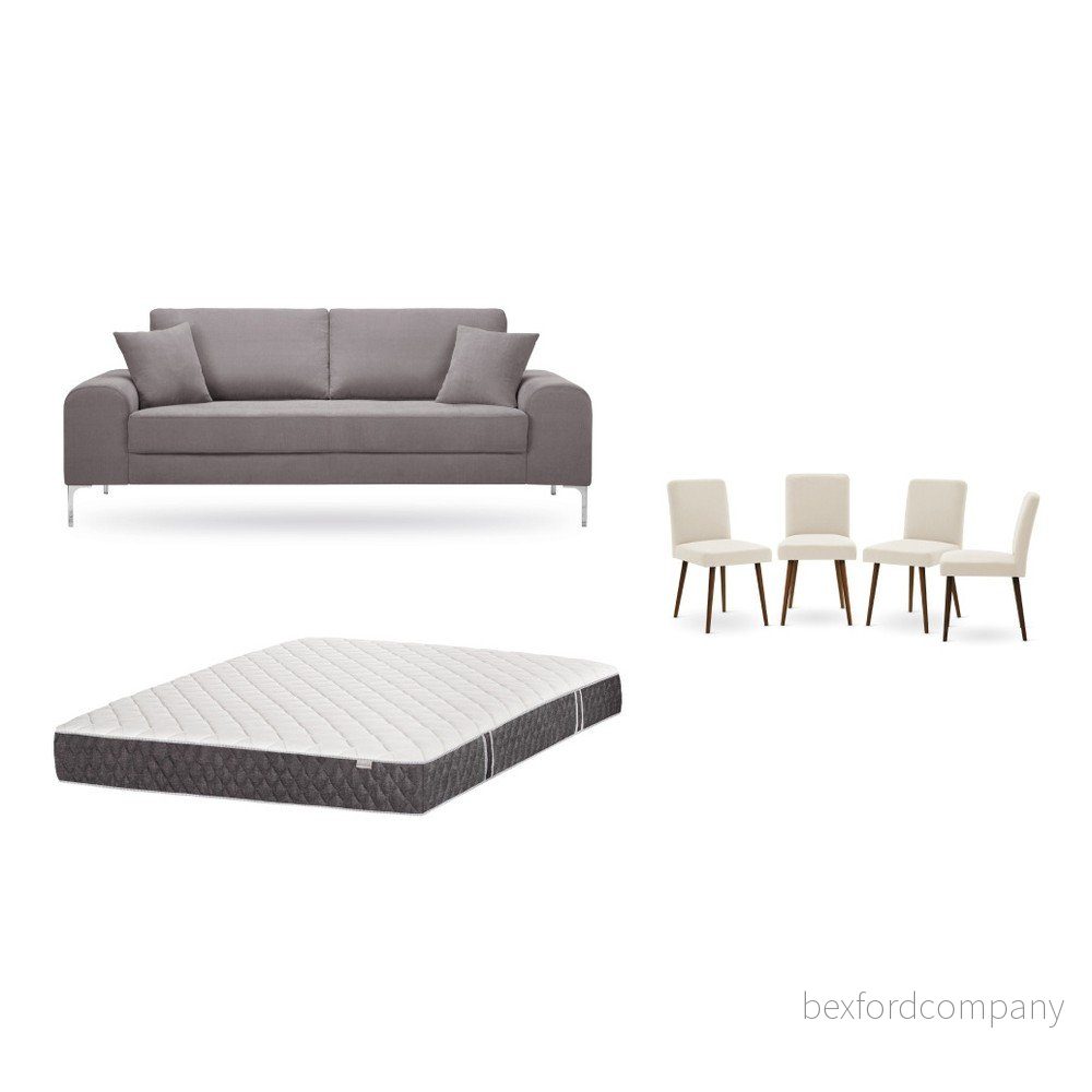 Set třímístné hnědé pohovky, 4 krémových židlí a matrace 160 x 200 cm Home Essentials v:1129926