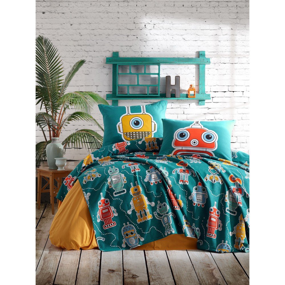 Set přehozu a povlaku na polštář EnLora Home Robotta Green, 160 x 235 cm v:1332422
