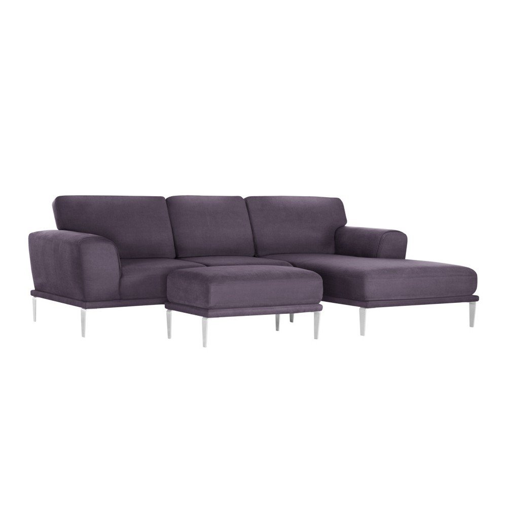 Set fialové rohové pohovky s lenoškou na pravé straně a taburetky L'Officiel Kendall v:761450