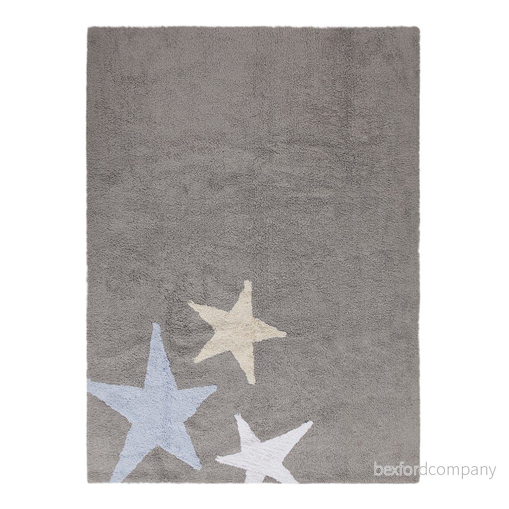 Šedý bavlněný ručně vyráběný koberec s modrou hvězdou Lorena Canals Three Stars, 120 x 160 cm v:889122