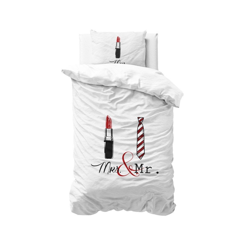 Bílé povlečení z mikroperkálu na jednolůžko Sleeptime Lips and Tie, 140 x 220 cm v:905510