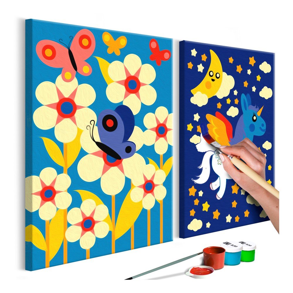 DIY set na tvorbu vlastního dvoudílného obrazu na plátně Artgeist Butterfly & Unicorn, 33 x 23 cm v:1319852