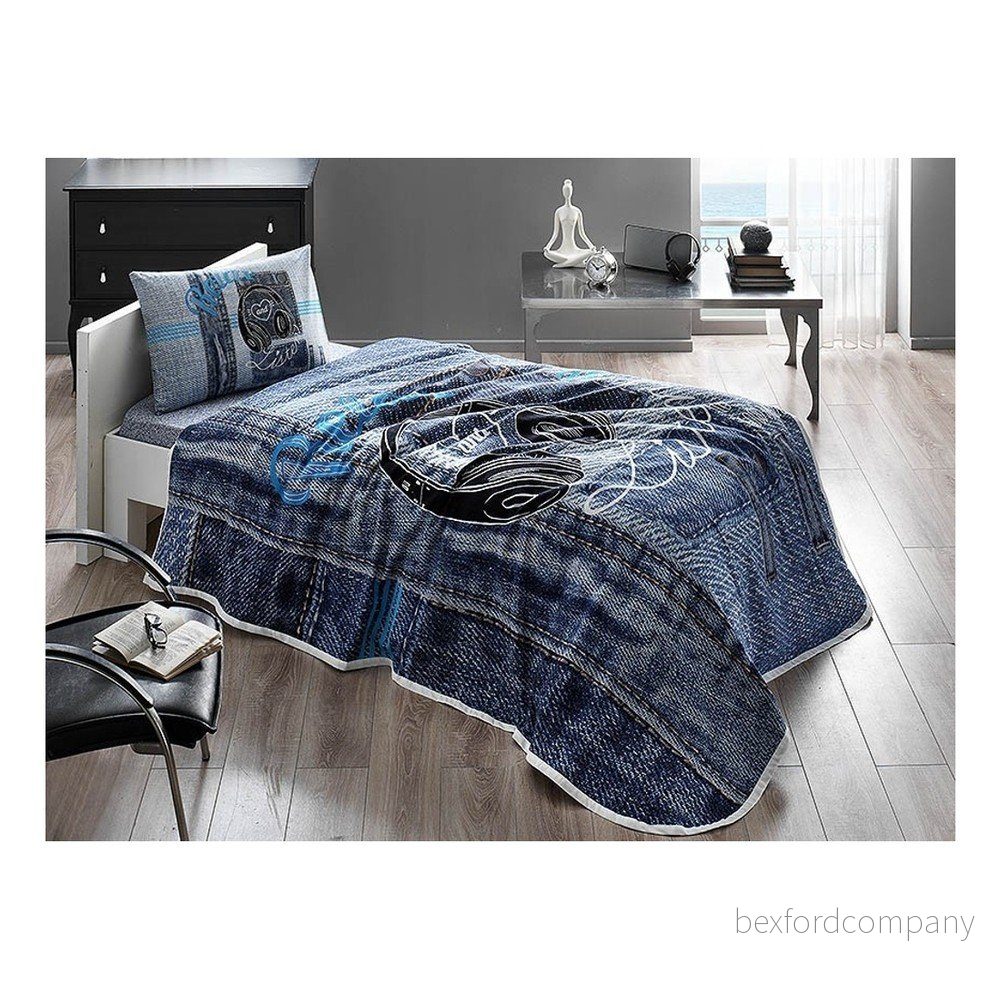 Set bavlněného přehozu, prostěradla a povlaku na polštář Listen V1 Blue, 160 x 230 cm v:1208058