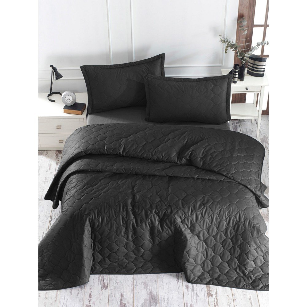 Černý přehoz přes postel se 2 povlaky na polštář z ranforce bavlny EnLora Home Fresh, 225 x 240 cm v:1411675