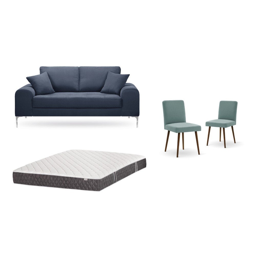 Set dvoumístné tmavě modré pohovky, 2 šedozelených židlí a matrace 140 x 200 cm Home Essentials v:1129852