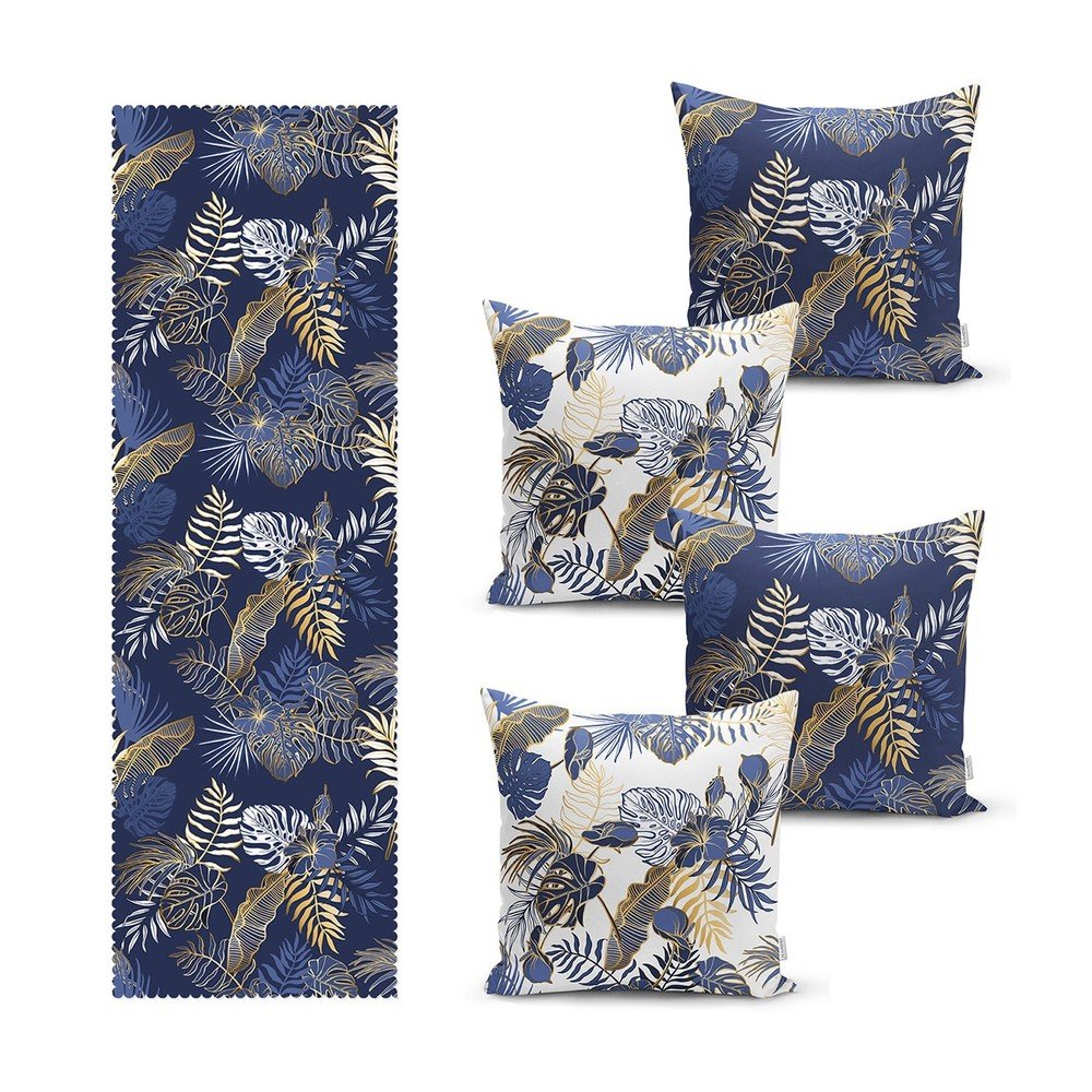 Set 4 povlaků na polštář a běhounu na stůl s příměsí bavlny Minimalist Home World v:1431965