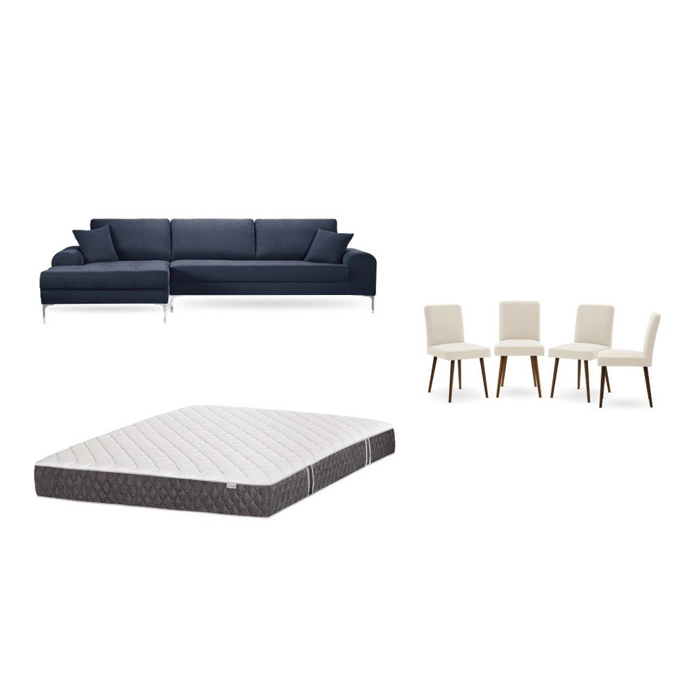 Set tmavě modré pohovky s lenoškou vlevo, 4 krémových židlí a matrace 160 x 200 cm Home Essentials v:1130012