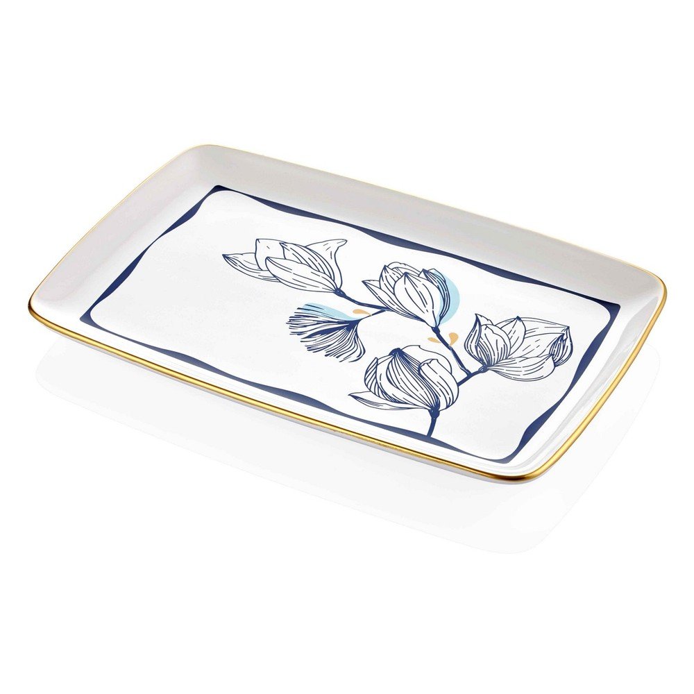 Bílý porcelánový servírovací talíř s modrými květy Mia Bleu, 34 x 25 cm v:1343617