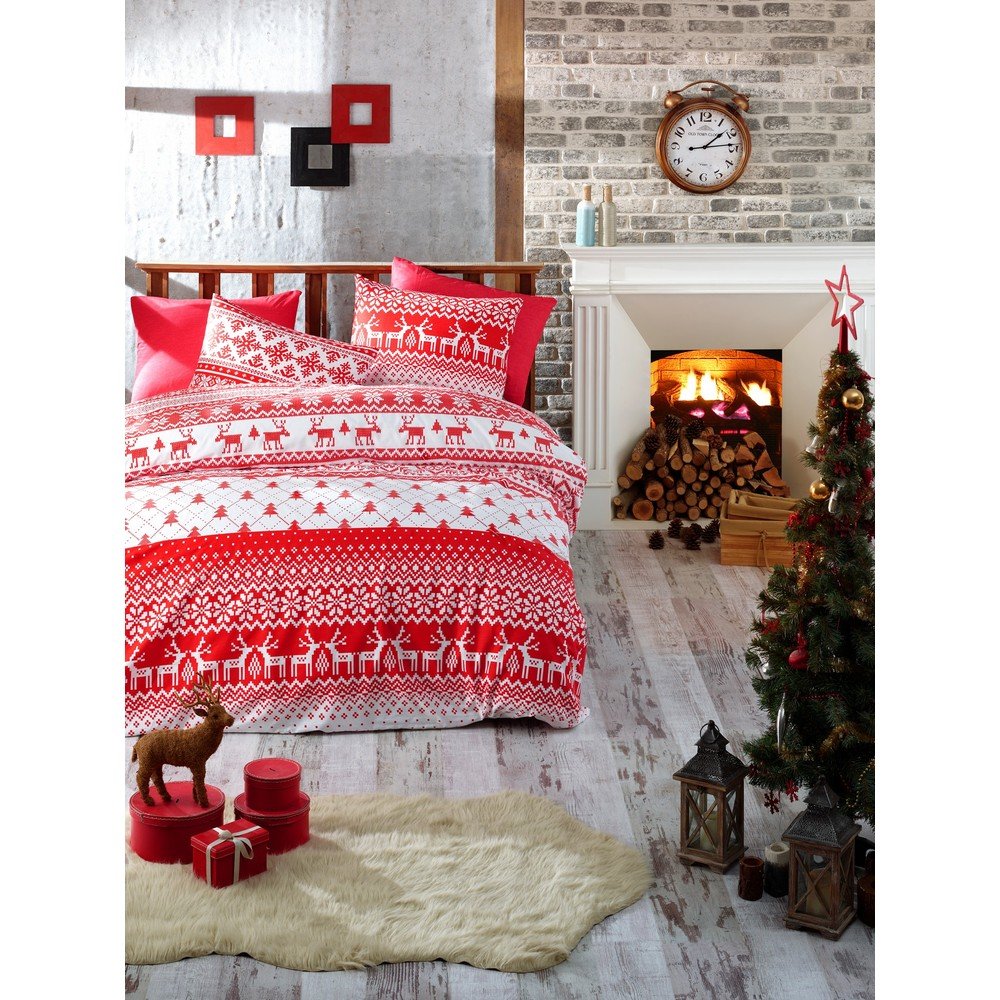 Povlečení s prostěradlem na jednolůžko z ranforce bavlny Nazenin Home Winter Red, 140 x 200 cm v:1318152